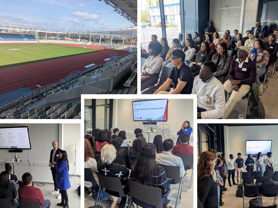Die Collage zeigt verschiedene Szenen einer Veranstaltung mit dem Titel "Online Marketing Challenge 2025". In der Mitte des Bildes befindet sich das Hauptfoto mit einer Präsentationsfolie, auf der der Titel der Veranstaltung zu sehen ist. Eine Frau spricht dabei vor einem aufmerksamen Publikum.  Oben links sieht man ein großes Stadion mit einer Laufbahn und Tribünen – vermutlich der Veranstaltungsort oder ein angrenzendes Gelände.  Rechts oben ist ein Bild von etwa 30 Teilnehmenden zu sehen, die in einem modernen Raum aufmerksam einem Vortrag folgen.  Unten links stehen zwei Vortragende vor einem Bildschirm, auf dem eine Teamaufteilung angezeigt wird. Einige Zuhörer sitzen davor.  Rechts unten sind mehrere Personen vorne im Raum aufgereiht – möglicherweise ein Team-Pitch oder eine Vorstellungsrunde. Die Zuschauer im Vordergrund hören gespannt zu.  Die Bilder vermitteln eine professionelle, internationale und engagierte Atmosphäre in einem modernen Veranstaltungsumfeld.