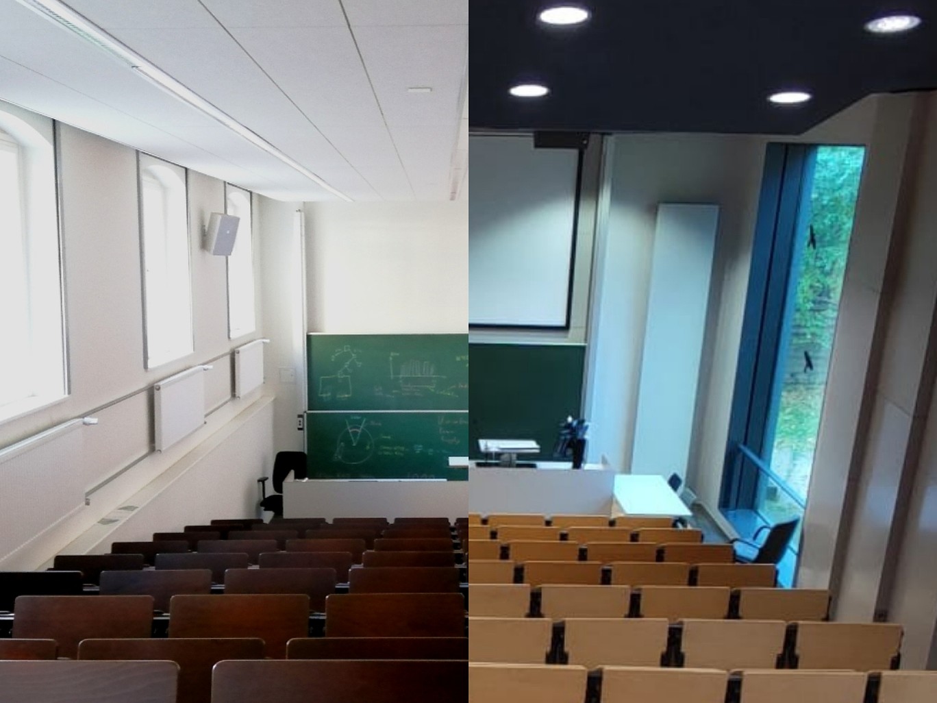 geteieltes Bild. Hörsaal aus der Hörerperspektive. Links Has 2 und rechts Haus 1