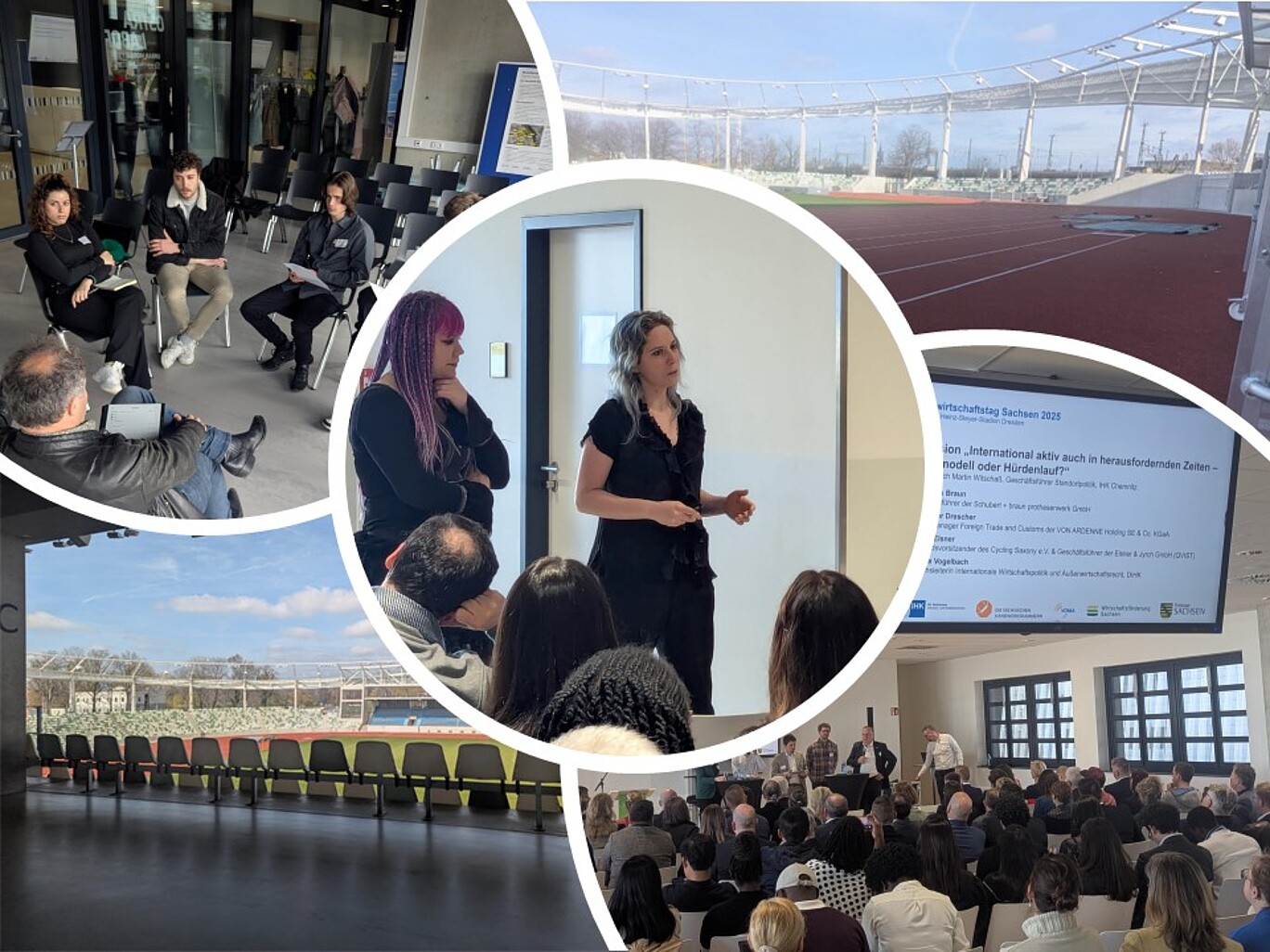 Die Collage zeigt mehrere Momentaufnahmen eines Kick-off-Events, vermutlich im Rahmen einer Konferenz oder eines Workshops mit dem Titel "OMC Kick-off 2025". Die Veranstaltung scheint in einem modernen, lichtdurchfluteten Gebäude mit Blick auf ein Stadion oder eine Sportanlage stattzufinden.  Oben links: Eine kleine Diskussionsrunde mit vier jüngeren Teilnehmenden und einem Moderator, der mit einem Tablet arbeitet. Die Teilnehmenden sitzen im Kreis auf schwarzen Stühlen in einem modernen Innenraum mit Betonwänden und großen Fenstern.  Mitte: Eine Frau mit dunkler Kleidung spricht vor einer kleinen Gruppe. Neben ihr steht eine weitere Frau mit auffälligen violetten Haaren. Die Zuhörenden sitzen auf Stühlen im Flur oder Eingangsbereich eines Gebäudes.  Unten rechts: Eine größere Gruppe von Menschen sitzt in einem Veranstaltungsraum, in dem eine Podiumsdiskussion oder Präsentation stattfindet. Fünf Personen stehen vorne und sprechen.  Oben rechts: Blick auf eine moderne, überdachte Außensportanlage bei Tageslicht. Die Anlage ist leer.  Unten links: Ein leerer Innenbereich mit Blick auf das Stadion durch eine große Glaswand. Die Szene ist ruhig, die Stühle sind leer, und das Tageslicht fällt durch die Fenster.  Oben rechts (kleines Bild innerhalb der Mitte): Eine Projektion mit dem Titel „Wirtschaftstag Sachsen 2025“ mit einer Podiumsdiskussion über internationale Geschäftsmodelle in herausfordernden Zeiten. Die Folie zeigt die Namen der Diskutierenden und Organisatoren.