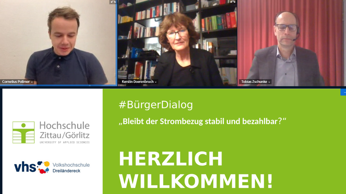 Auf einem Bildschirmmitschnitt sind drei Personen zu sehe, die in eine Kamera schauen und an einem Online-Meeting teilnehmen.