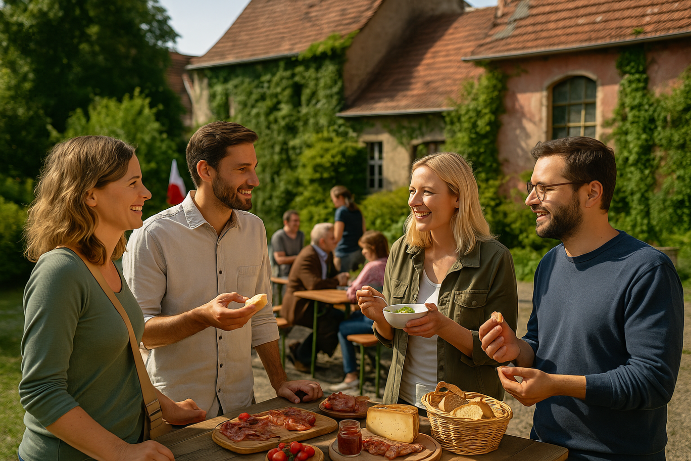 Das Bild zeigt eine fröhliche Gruppe junger Erwachsener bei einem regionalen Genuss- oder Kulturfest im Freien. Vier Personen stehen an einem Holztisch, auf dem regionale Spezialitäten wie Brot, Käse, Wurst, Kirschtomaten und ein Glas Marmelade angerichtet sind. Eine Person hält eine Schüssel mit Aufstrich, während die anderen Brotstücke oder Snacks probieren – alle lachen und unterhalten sich angeregt.  Im Hintergrund sitzen weitere Gäste an rustikalen Biertischen vor einem charmanten, mit Efeu bewachsenen historischen Gebäude mit rotem Ziegeldach. Die Stimmung ist ungezwungen und einladend. Die Szenerie vermittelt Gemeinschaft, Genuss, ländliche Lebensart und europäische Verbundenheit – auch durch eine dezent sichtbare polnische Flagge im Hintergrund.
