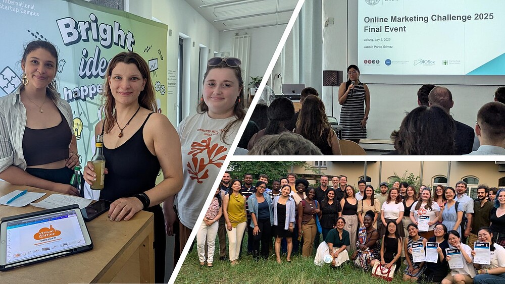Die Collage zeigt Eindrücke vom Finale der "Online Marketing Challenge 2025":  Linkes Bild: Drei junge Frauen stehen an einem Messestand mit einem Plakat im Hintergrund, auf dem „Bright ideas happen here“ steht. Auf dem Tisch liegt ein Tablet mit der Aufschrift „Virtual Office Dresden“. Zwei der Frauen halten Getränkeflaschen in der Hand.  Rechtes oberes Bild: Eine Frau hält auf einer Bühne eine Präsentation vor Publikum. Auf der Leinwand hinter ihr steht „Online Marketing Challenge 2025 – Final Event – Leipzig, July 2, 2025“.  Rechtes unteres Bild: Eine große Gruppe internationaler Teilnehmerinnen und Teilnehmer posiert lächelnd im Freien für ein Gruppenfoto. Einige halten Urkunden in den Händen.