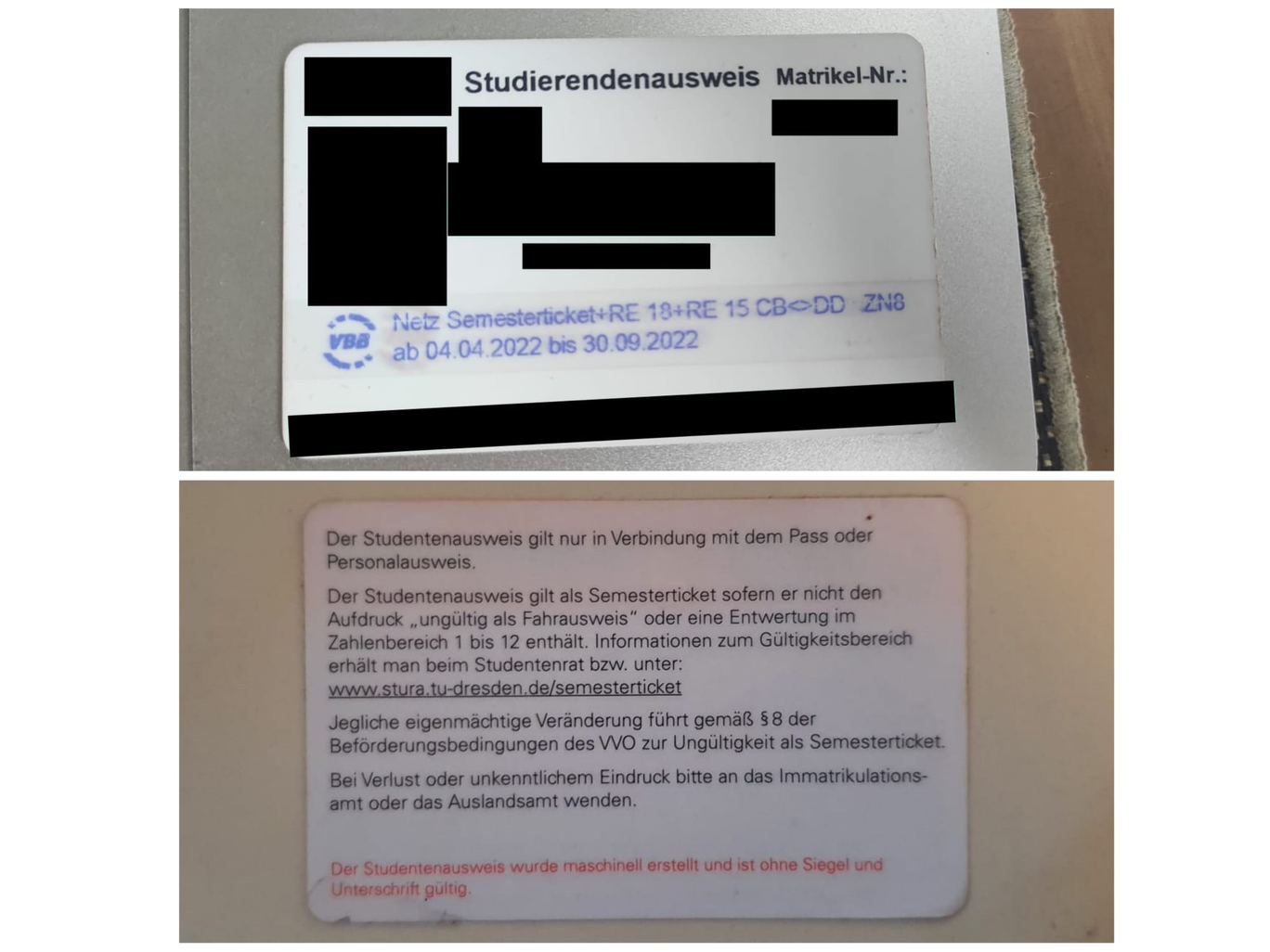 Vorder- und Rückseite des Studierendenausweises