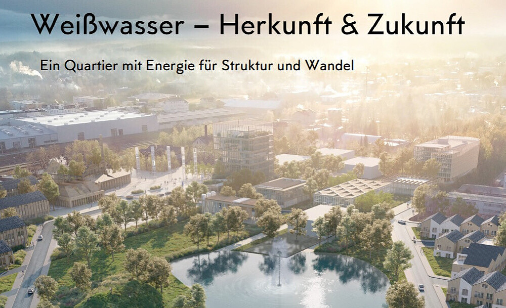 Blick auf eine Stadt mit See, Häusern und im Hintergrund Industrie