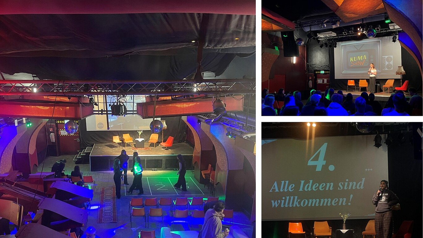Collage aus drei Fotos eines bunt beleuchteten Veranstaltungsraums mit Bühne: Links ist der Saal von einer erhöhten Perspektive zu sehen, mit Reihen orangefarbener Stühle, Tanzfläche mit grüner Lichtprojektion und einer Bühne mit mehreren bunten Sesseln und einem kleinen runden Tisch, darüber Scheinwerfer und Diskokugeln. Rechts oben steht eine Person auf der Bühne und spricht vor einem sitzenden Publikum, hinter ihr zeigt eine Leinwand ein buntes „Kuma Show“-Logo. Rechts unten ist die Bühne näher herangezoomt, auf der Leinwand steht groß „4. Alle Ideen sind willkommen!“, während eine Person mit Mikrofon am rechten Bildrand spricht.