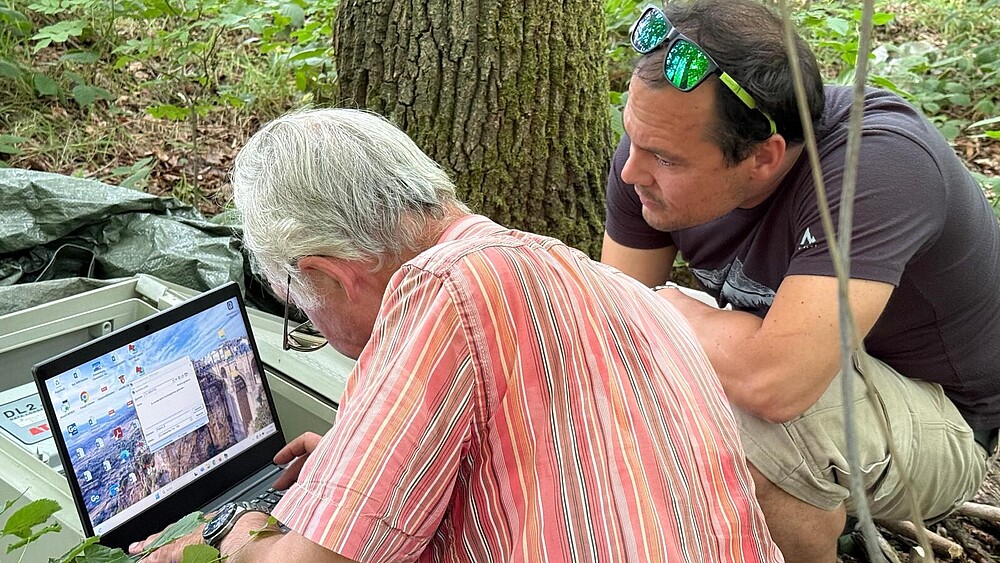 Prof. Hermann Heilmeier (TU Freiberg) und Prof. Oliver Wiche (HSZG) sitzen in einem Waldstück bei Freiberg am Boden vor einem geöffneten Metallkoffer. Heilmeier bedient einen Laptop, während Wiche aufmerksam über seine Schulter schaut. Im Hintergrund sind Bäume und Waldboden zu sehen. Die Szene zeigt das Auslesen eines Datenloggers im Rahmen einer europaweiten Messkampagne zum Bodenwasserhaushalt und Trockenstress in Bäumen, initiiert durch einen Aufruf der Gesellschaft für Ökologie im Mai 2025.