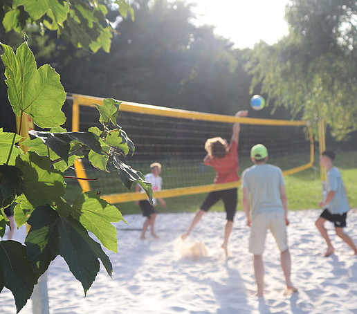 Studierende spielen Volleyball am Berzdorfer See.