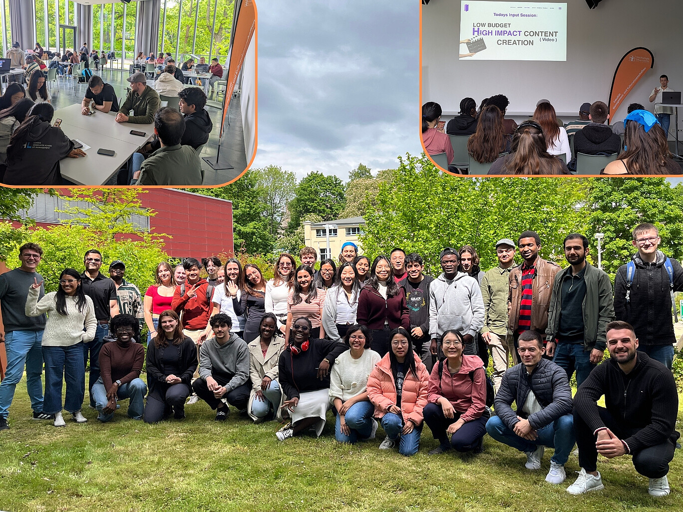 Das Bild zeigt eine Collage aus drei Szenen, die eine internationale, junge Gruppe von Studierenden oder Teilnehmenden einer Veranstaltung zeigt.  Oben links: Eine helle, moderne Cafeteria oder Lounge mit großen Fenstern und vielen Sitzmöglichkeiten. Mehrere kleine Gruppen von jungen Erwachsenen sitzen an Tischen und unterhalten sich oder arbeiten zusammen. Die Atmosphäre wirkt entspannt und freundlich. Auf einem Roll-Up-Banner ist ein Logo zu sehen, das auf eine Bildungseinrichtung oder ein Projekt hinweist.  Oben rechts: Eine Präsentation oder ein Workshop mit dem Titel „Low Budget High Impact Content Creation (Video)”. Die Teilnehmenden sitzen in Reihen und hören einem Vortragenden zu, der vorne an einem Pult steht. Auch hier ist ein Roll-Up-Banner sichtbar.  Unten (Hauptbild): Eine große Gruppe von etwa 35 internationalen jungen Erwachsenen steht und kniet draußen auf einer Wiese vor einem modernen Gebäude. Die Gruppe wirkt fröhlich und vielfältig, einige lachen oder winken. Der Hintergrund ist grün mit Bäumen und Gebäuden, was auf ein Hochschul- oder Campusgelände hindeutet. Die Stimmung ist positiv und gemeinschaftlich.