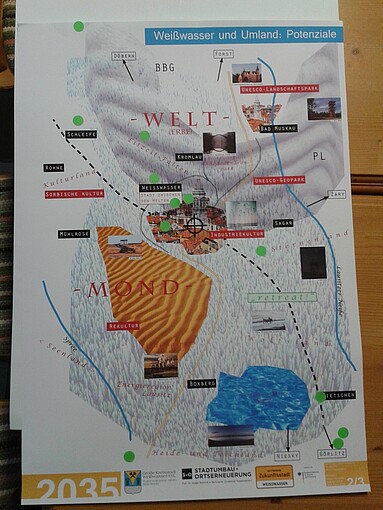 Tourismuspotential-Karte WSW und Umgebung.(grüne Punkte markieren Herkunftsorte der TeilnehmerInnen beim HSZG-Themenabend am 26.05.2016 in WSW) Plakat: WSW und Umland - Potenziale (grüne Punkte markieren Herkunftsorte der TeilnehmerInnen beim HSZG-Themenabend am 26.05.2016 in WSW)