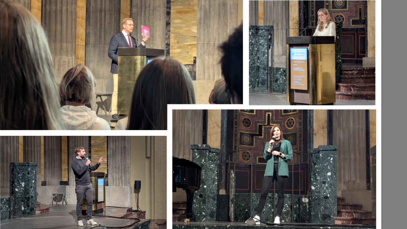 Collage aus drei Fotografien: Links ein aufwendig verzierter, kuppelartiger Festsaal mit blau-goldenem Deckenschmuck, in dem zahlreiche Menschen sitzen. Rechts oben mehrere Gäste in Stuhlreihen während einer Fragerunde. Rechts unten der Eingang eines historischen Gebäudes mit zwei orangefarbenen Begrüßungsflaggen, Sonnenstrahlen fallen auf die Steinfassade.