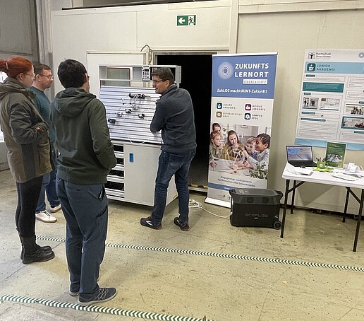 Gäste stehen vor Aufstellern.