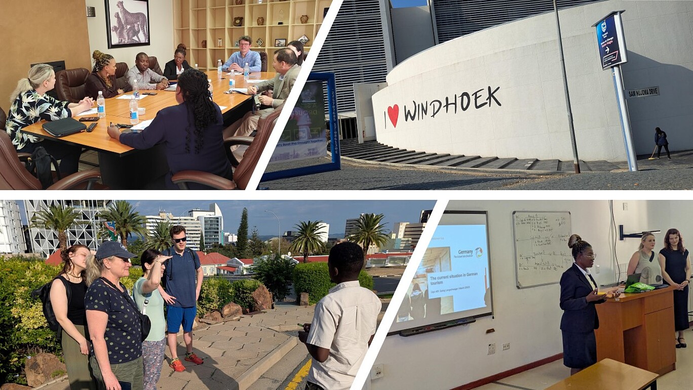 Die Bildcollage dokumentiert Eindrücke eines internationalen Austauschs zwischen der Namibia University of Science and Technology (NUST) und der Hochschule Zittau/Görlitz aus Deutschland.  Das erste Bild oben links zeigt eine Besprechungsszene in einem Konferenzraum. Neun Personen, darunter Vertreterinnen und Vertreter beider Hochschulen, sitzen um einen großen Holztisch. Die Stimmung ist konzentriert, es werden Gespräche geführt und Notizen gemacht. Der Raum ist mit Ledersesseln ausgestattet, im Hintergrund sind ein großes Regal mit traditionellen Gegenständen und ein Tierbild an der Wand zu sehen.  Das zweite Bild oben rechts zeigt die Außenfassade eines modernen Gebäudes mit dem Schriftzug „I love Windhoek“ ausgeschrieben. Der Ort ist ein bekanntes Wahrzeichen der namibischen Hauptstadt Windhoek und symbolisiert den lokalen Bezug des Besuchs.  Das dritte Bild unten links zeigt eine kleine Gruppe von Teilnehmenden im Freien, die an einer Stadtführung oder einem Spaziergang teilnehmen. Eine Frau zeigt in die Ferne, während die anderen aufmerksam zuhören. Im Hintergrund sind Palmen, moderne Bürogebäude sowie die Nationalflagge Namibias zu sehen – ein deutlicher Hinweis auf den urbanen Kontext der Begegnung.  Das vierte Bild unten rechts zeigt eine Vortragssituation in einem Klassenraum. Eine Frau hält eine Präsentation mit dem Titel „Die aktuelle Situation im deutschen Tourismus“. Auf dem Whiteboard hinter ihr befinden sich mathematische Formeln, während zwei weitere Frauen – vermutlich Mitwirkende des Projekts – neben dem Pult stehen. Auf einem Tisch sind grüne Stoffbeutel zu erkennen, die auf einen Austausch von Gastgeschenken hindeuten.