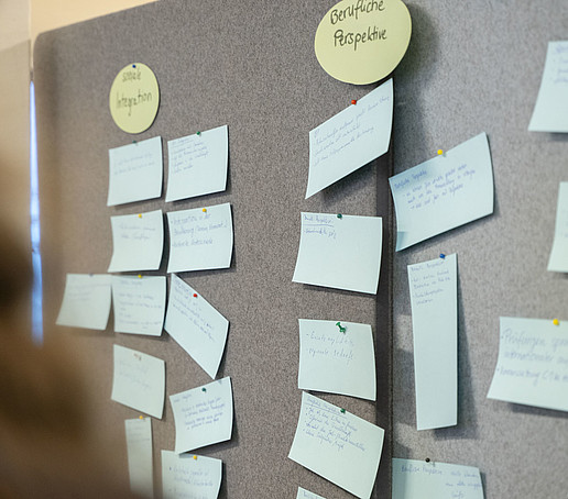 Eine Pinnwand ist mit beschriebenen Zetteln vollgepinnt.