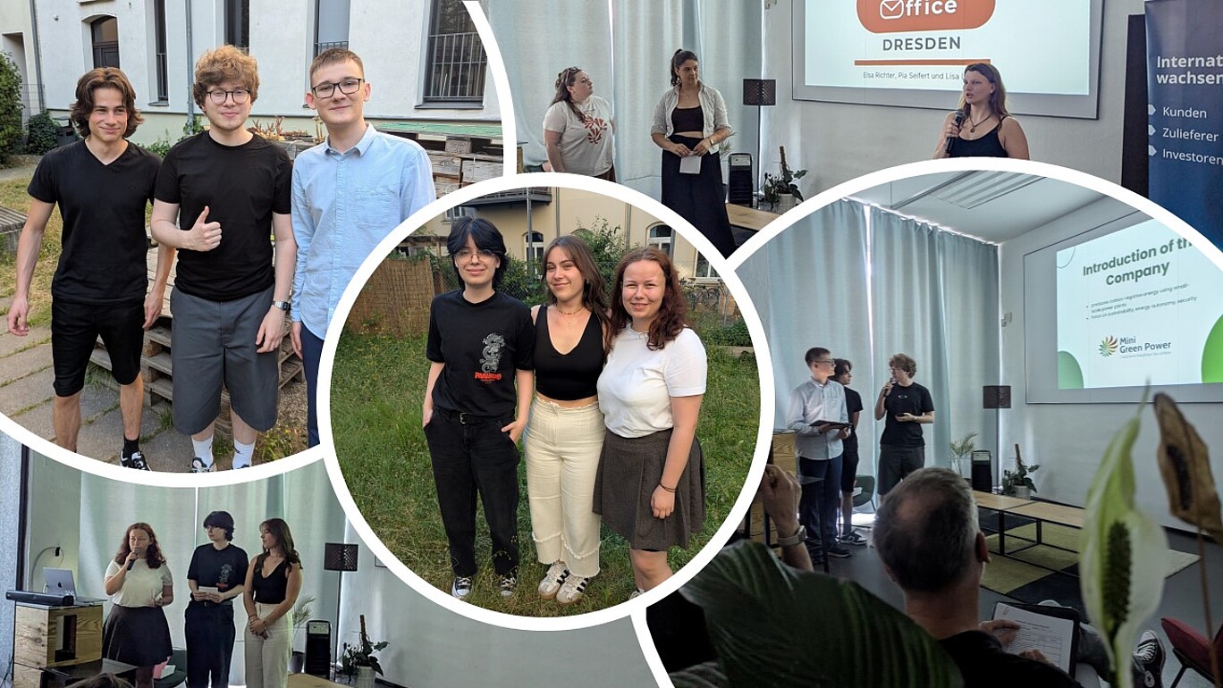 Die Collage zeigt verschiedene Szenen von Projektpräsentationen und Gruppenfotos beim Finale der „Online Marketing Challenge 2025“:  Linkes oberes Bild: Drei junge Männer stehen im Freien nebeneinander und lächeln in die Kamera, einer zeigt einen Daumen nach oben.  Mittleres oberes Bild: Zwei junge Frauen stehen auf einer Bühne vor einem Vorhang und sprechen zu einem kleinen Publikum.  Rechtes oberes Bild: Eine junge Frau hält einen Vortrag vor einer Leinwand, auf der das Logo „Virtual Office Dresden“ zu sehen ist.  Rechtes mittleres Bild: Drei junge Männer stehen nebeneinander auf einer Bühne und präsentieren vor Publikum die Firma „Mini Green Power“.  Mittleres zentrales Bild: Drei junge Frauen stehen draußen auf einer Wiese und lächeln in die Kamera.  Linkes unteres Bild: Eine Gruppe von drei Präsentierenden steht nebeneinander vor einer Leinwand im Raum, während eine junge Frau spricht.
