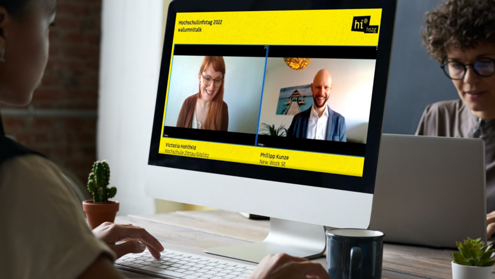 Auf einem Screenshot sieht man die Moderatorin Victoria Hohlfeld und Philipp Kunze im Gespräch.