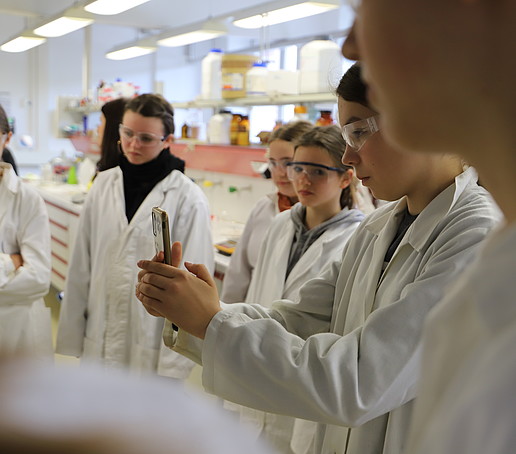 Schülerinnen beobachten ein Experiment und filmen teilweise mit ihrem Handy mit.