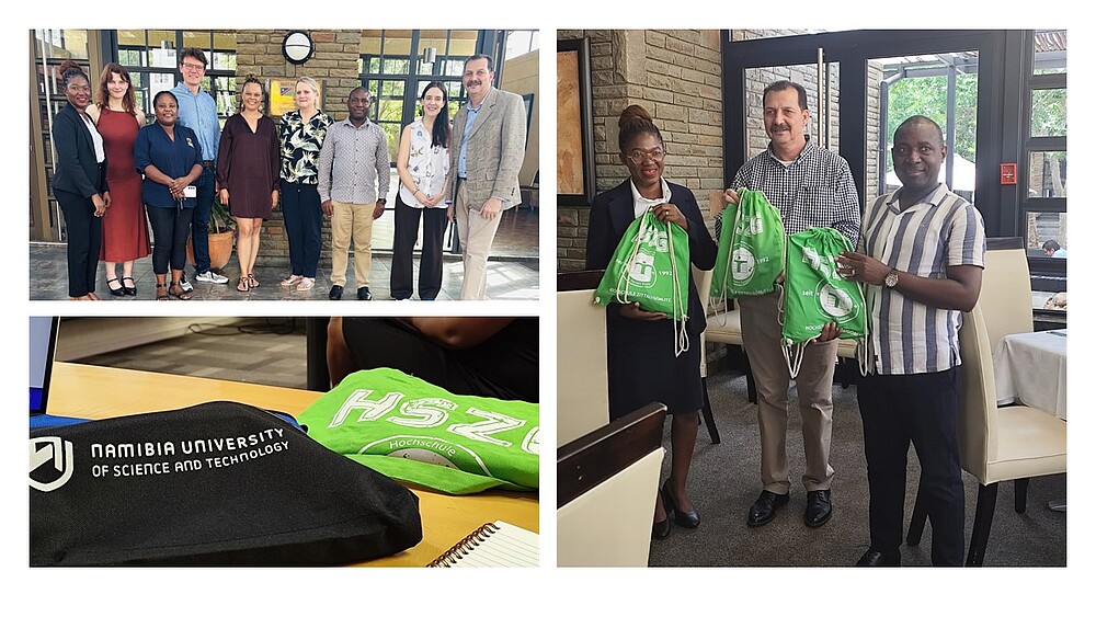 Die Collage besteht aus drei Bildern, die offenbar ein Treffen oder eine Kooperation zwischen zwei Hochschulen dokumentieren – der Namibia University of Science and Technology (NUST) und der Hochschule Zittau/Görlitz (HSZG) aus Deutschland. 	1.	Oberes linkes Bild: Eine Gruppe von acht Personen (fünf Frauen, drei Männer) steht nebeneinander für ein Gruppenfoto vor einem Gebäude mit Glas- und Steinfassade. Die Kleidung wirkt professionell bis leger. Es handelt sich vermutlich um Vertreterinnen und Vertreter der beiden Hochschulen. 	2.	Rechtes Bild: Drei Personen (eine Frau, zwei Männer) stehen in einem Raum mit gedeckten Tischen und halten grüne Stoffbeutel mit dem Logo der Hochschule Zittau/Görlitz (HSZG) in den Händen. Es handelt sich augenscheinlich um ein symbolisches Geschenk oder eine Geste im Rahmen des Treffens. 	3.	Unteres linkes Bild: Eine Nahaufnahme zeigt zwei Taschen oder Beutel auf einem Tisch. Der schwarze Beutel trägt das Logo der “Namibia University of Science and Technology”, der grüne Beutel das Logo der HSZG mit dem Schriftzug „Hochschule Zittau/Görlitz“.