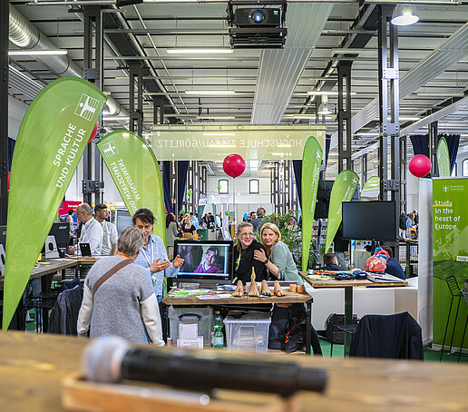 Die einzelnen HSZG-Stände auf dem Messeplatz mit grünen Fahnen, Mitarbeitende beraten an den Ständen, rote Luftballons kennzeichnen die Rallye-Gewinnspielstationen.