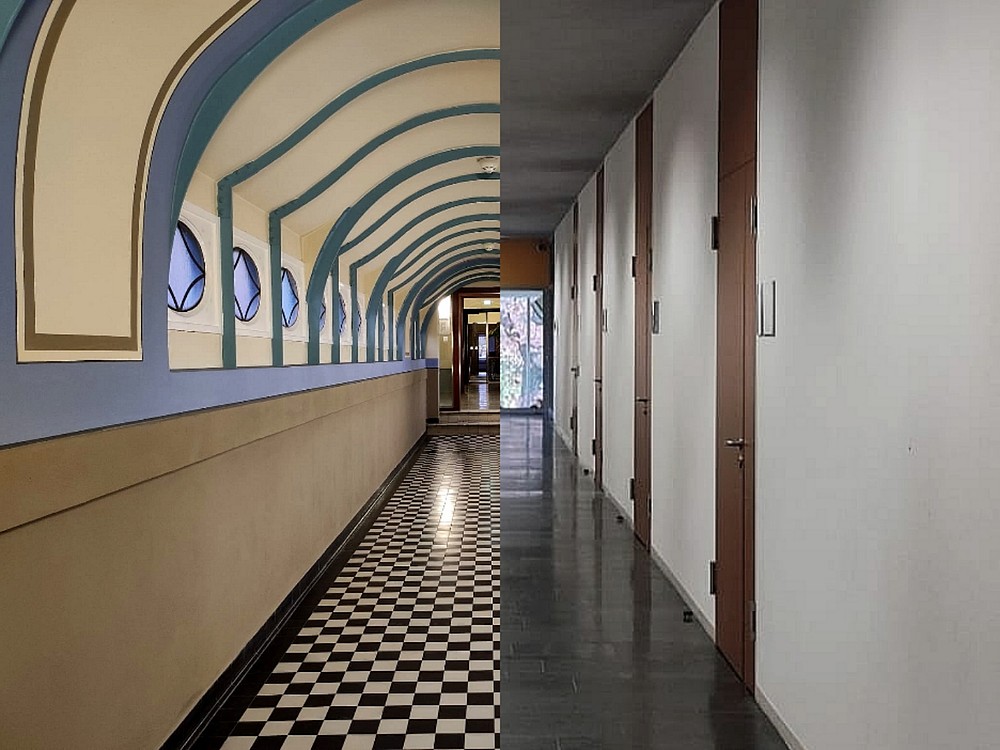 geteiltes Bild mit Blick auf die Gänge der Gebäude, links vom Haus 2 und rechts vom Haus 1