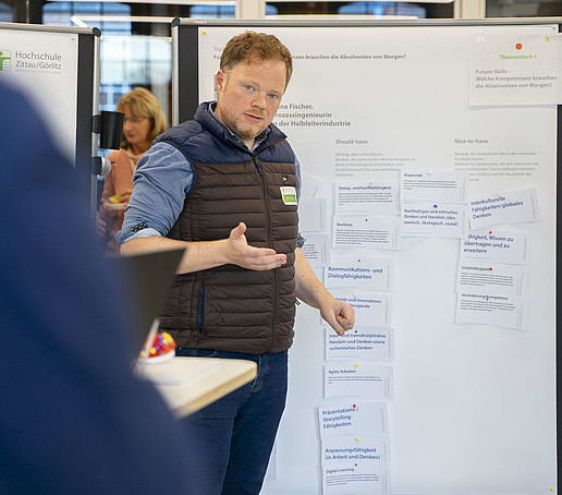 Ein Teilnehmer hält eine Präsentation an einem Whiteboard, auf dem Zettel angebracht sind.