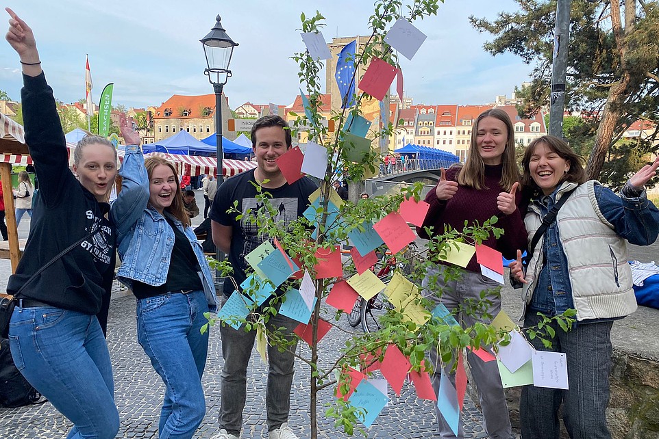 Studierende präsentieren auf einer Straße in Görlitz einen Wunschbaum.