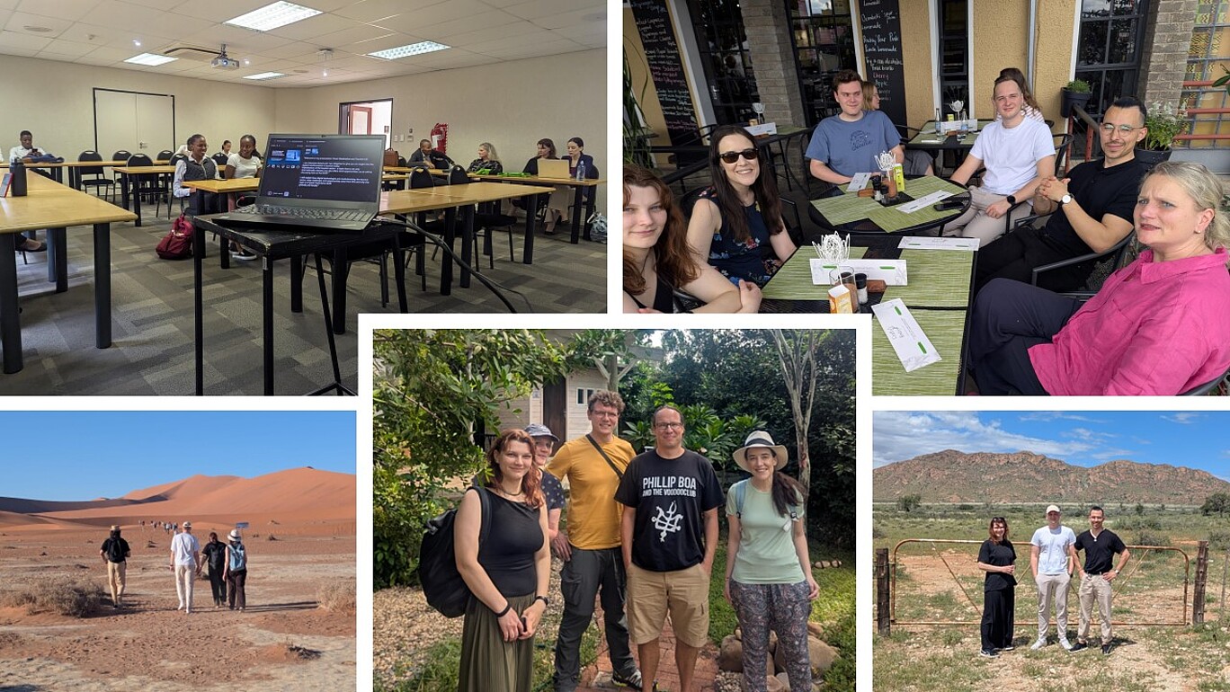 Diese Bildcollage dokumentiert die Vielfalt der Aktivitäten im Rahmen eines Austauschprojekts zwischen Studierenden und Lehrenden der Namibia University of Science and Technology und der Hochschule Zittau/Görlitz. Die Bilder zeigen sowohl akademische als auch kulturelle und landschaftliche Eindrücke aus Namibia.  Das erste Bild oben links zeigt einen Seminarraum mit Teilnehmerinnen und Teilnehmern, die an einem Vortrag oder einer Schulung teilnehmen. Im Vordergrund ist ein Laptop auf einem Tisch zu sehen, der offenbar zur Präsentation verwendet wird. Die Teilnehmenden wirken aufmerksam und interessiert.  Das zweite Bild oben rechts zeigt eine Gruppe von Studierenden und Lehrenden bei einem gemeinsamen Mittagessen in einem Restaurant mit Außensitzbereich. Die Stimmung ist entspannt, es wird gelacht und angeregt diskutiert – ein Moment des Austauschs außerhalb des formalen Programms.  Das Bild unten links zeigt eine Gruppe von Personen, die durch die Wüste Namib wandert. Der Blick richtet sich auf rote Sanddünen im Hintergrund, was auf einen Ausflug in das bekannte Dünengebiet Sossusvlei schließen lässt – ein eindrucksvolles Naturerlebnis im Rahmen des Programms.  Das Bild in der Mitte unten zeigt mehrere Teilnehmende vor einem begrünten Hintergrund, vermutlich vor einer Unterkunft oder Bildungseinrichtung. Die Gruppe posiert für ein Gruppenfoto, das eine freundliche und offene Atmosphäre vermittelt.  Das Bild unten rechts zeigt drei Personen vor einem Farmtor mit Blick auf eine hügelige, grüne Landschaft. Der ländliche Charakter der Umgebung verweist auf eine Exkursion ins namibische Hinterland, möglicherweise im Kontext von Tourismus-, Umwelt- oder Landnutzungsfragen.