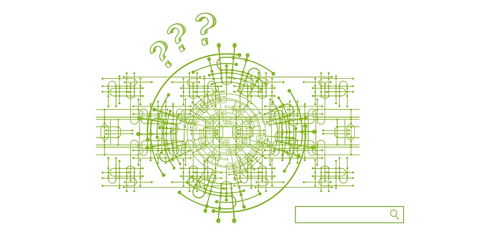 Grafik mit Fragezeichen, Vernetzung und Suchschlitz