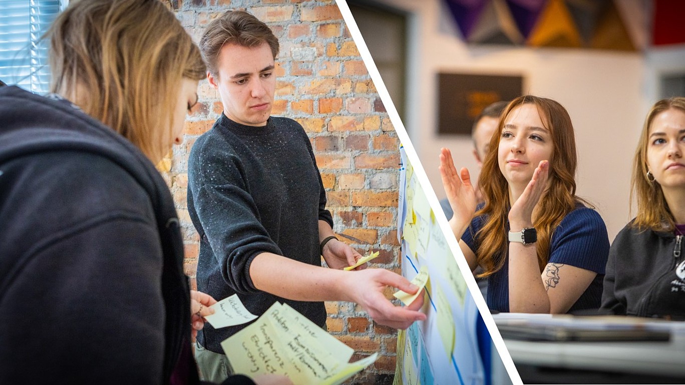 zweigeteieltes Bild, Studierende bei der Arbeit