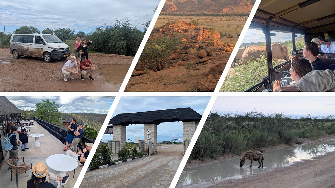 Die Bildcollage vermittelt Eindrücke einer Exkursion in ein Wildschutzgebiet oder eine Safari-Lodge in Namibia, bei der die Teilnehmenden sowohl Naturbeobachtungen als auch Entspannung und Gastfreundschaft erleben konnten.  Das erste Bild oben links zeigt eine kleine Gruppe vor einem Reisebus mit der Aufschrift „Namibia2Go“, der auf einer matschigen Piste steht. Zwei Personen posieren in der Hocke, während andere den Blick in die Landschaft richten – ein typischer Moment während einer Erkundungstour durch das namibische Hinterland.  Im mittleren oberen Bild ist eine typische Landschaft Namibias zu sehen: rötlich leuchtende Granitfelsen in einer weiten Ebene, durchzogen von einzelnen Bäumen und Sträuchern. Die Szene wirkt ruhig und unberührt.  Rechts oben befindet sich eine Szene aus einem offenen Safarifahrzeug, in dem junge Erwachsene gebannt eine Gruppe Elefanten beobachten. Die Tiere befinden sich ganz nah am Fahrzeug – ein eindrucksvolles Naturerlebnis, das mit Kameras festgehalten wird.  Unten links ist eine Lodge-Terrasse mit Blick auf ein Tal zu sehen. Gäste sitzen an Tischen oder stehen am Geländer, einige unterhalten sich mit dem Personal. Die Atmosphäre wirkt entspannt und freundlich.  Das mittlere Bild unten zeigt ein Eingangsportal aus Naturstein mit einer Toranlage – vermutlich der Zugang zu einer Lodge oder einem Wildschutzgebiet.  Ganz rechts unten ist eine Hyäne an einem Wasserloch zu sehen. Das Tier trinkt aus einer Pfütze auf der Piste, umgeben von Dornbüschen – ein seltener Moment der Wildtierbeobachtung in der Dämmerung.