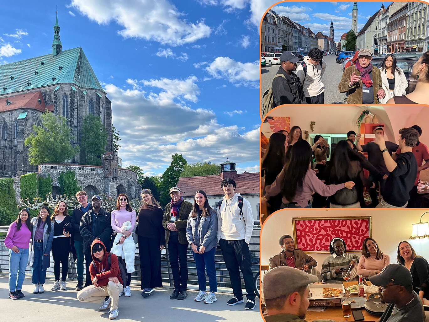 Das Bild ist eine Collage aus vier verschiedenen Szenen, die eine Gruppe junger Menschen bei gemeinsamen Aktivitäten zeigt – vermutlich im Rahmen einer Studienreise oder eines Austauschprogramms in Europa.  Linkes Hauptbild: Eine größere Gruppe (etwa 12 Personen) steht vor einer historischen Kirche mit markantem grünem Kupferdach und hoher gotischer Architektur. Im Hintergrund ist ein schöner, leicht bewölkter Himmel zu sehen. Die Gruppe wirkt fröhlich und entspannt – einige posieren, andere lächeln locker in die Kamera.  Rechts oben: Eine kleinere Gruppe steht auf einer gepflasterten Straße in einer historischen Altstadt. Ein älterer Herr spricht zur Gruppe, vermutlich ein Stadtführer. Im Hintergrund sind typisch europäische Häuserfassaden und Kirchtürme zu sehen.  Rechts Mitte: Diese Szene zeigt eine lebendige Party- oder Tanzsituation in einem Innenraum. Die jungen Leute tanzen eng beieinander, lachen und haben offensichtlich viel Spaß. Es herrscht eine ausgelassene und warme Atmosphäre.  Rechts unten: Eine gesellige Runde sitzt um einen Tisch, auf dem Pizza und Getränke stehen. Alle wirken entspannt und lachen – ein Moment der Gemeinschaft und Freude.  Gesamteindruck: Die Collage vermittelt ein Gefühl von Gemeinschaft, kulturellem Austausch, Spaß und Entdeckung. Sie zeigt sowohl touristische Erkundungen als auch private Momente des Zusammenseins.