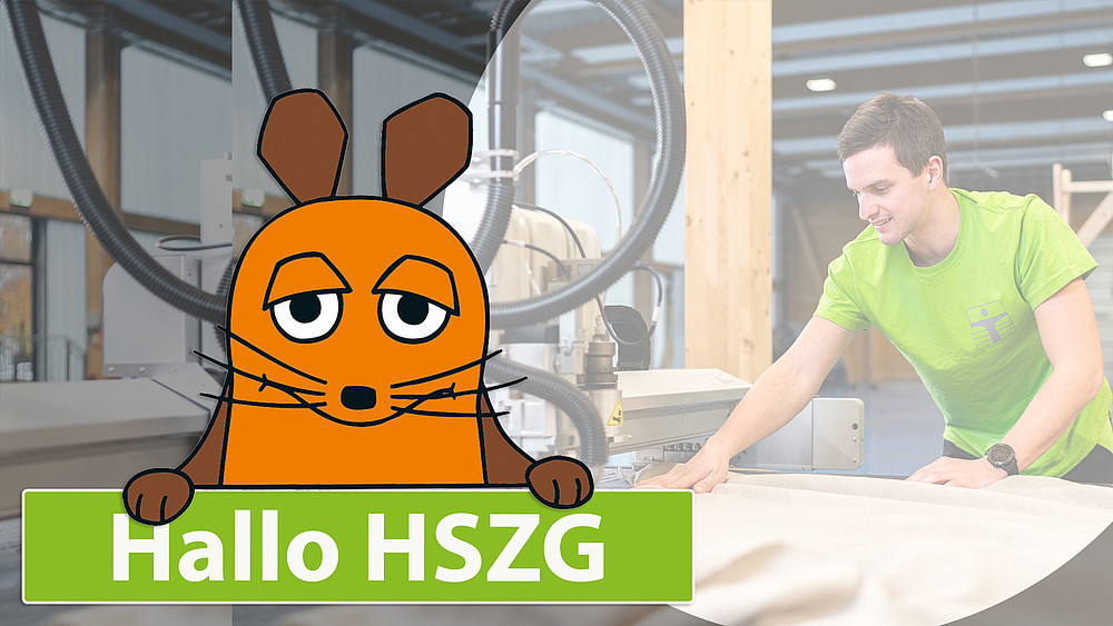 Eine Grafik von der Maus liegt über einer Abbildung der LaNDER-Halle. Ein Mitarbeiter prüft ein Werkstück.