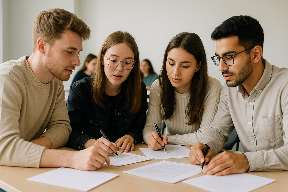 Vier junge Studierende – zwei Frauen und zwei Männer – sitzen gemeinsam an einem rechteckigen Holztisch in einem hellen Seminarraum. Sie beugen sich leicht über mehrere Blätter Papier und diskutieren konzentriert miteinander. Alle halten Stifte in der Hand, einige schreiben gerade etwas auf. Die Kleidung ist modern und dezent, passend für ein akademisches Umfeld.  Die Frau links trägt eine dunkle Brille und eine schwarze Jeansjacke, der Mann rechts ebenfalls eine Brille und ein beiges Hemd. Die beiden anderen Personen – ein Mann im cremefarbenen Pullover und eine Frau im hellen Strickoberteil – hören aufmerksam zu.  Im Hintergrund sind leicht unscharf weitere Studierende zu erkennen, die an anderen Tischen sitzen. Der Raum ist schlicht gestaltet mit weißen Wänden und wird von natürlichem Licht durchflutet. Die Stimmung wirkt konzentriert, aber kooperativ und freundlich.
