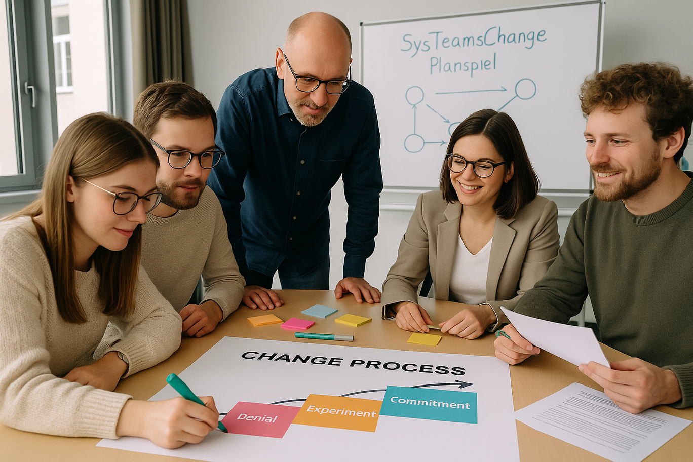 Fünf junge Erwachsene und ein älterer Mann sitzen und stehen an einem Tisch in einem modernen Seminarraum. Sie arbeiten gemeinsam an einem Planspiel zum Thema Veränderungsprozesse („Change Process“), das auf einem großen Papier mit den Phasen „Denial“, „Experiment“ und „Commitment“ dargestellt ist. Auf dem Tisch liegen bunte Haftnotizen und Stifte. Im Hintergrund ist ein Whiteboard mit der Aufschrift „SysTeamsChange Planspiel“ und einem schematischen Diagramm zu sehen. Alle Beteiligten wirken konzentriert und motiviert.