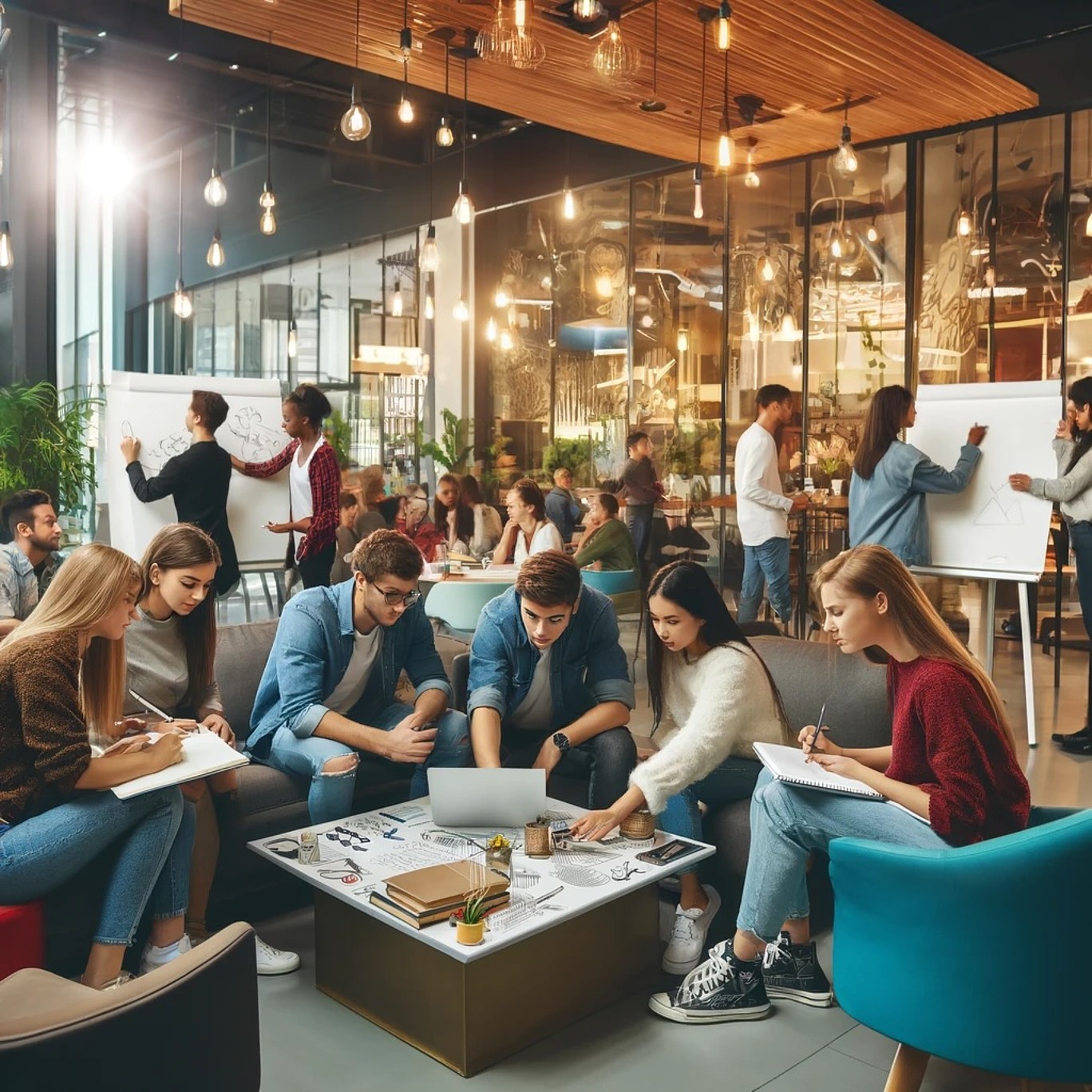 Gruppe von Studierenden um einen Tisch