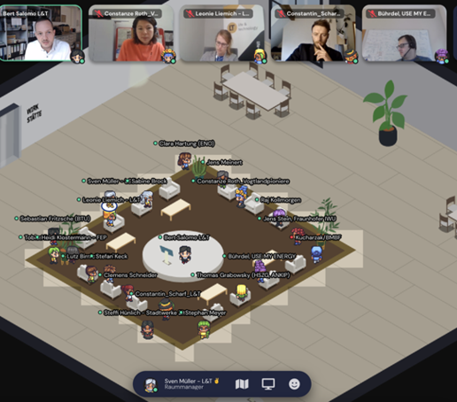 Ein virtueller Austausch bei einem Workshop. Teilnehmende sind über ihre Videokamera zugeschalten, auf dem Bildschirm interagieren Avatare.