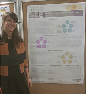 Projektkoordinatorin Marlen Krause bei ihrer Vorstellung des Posters „Forschungsschwerpunkte der HSZG“ Kick-Off-Meeting