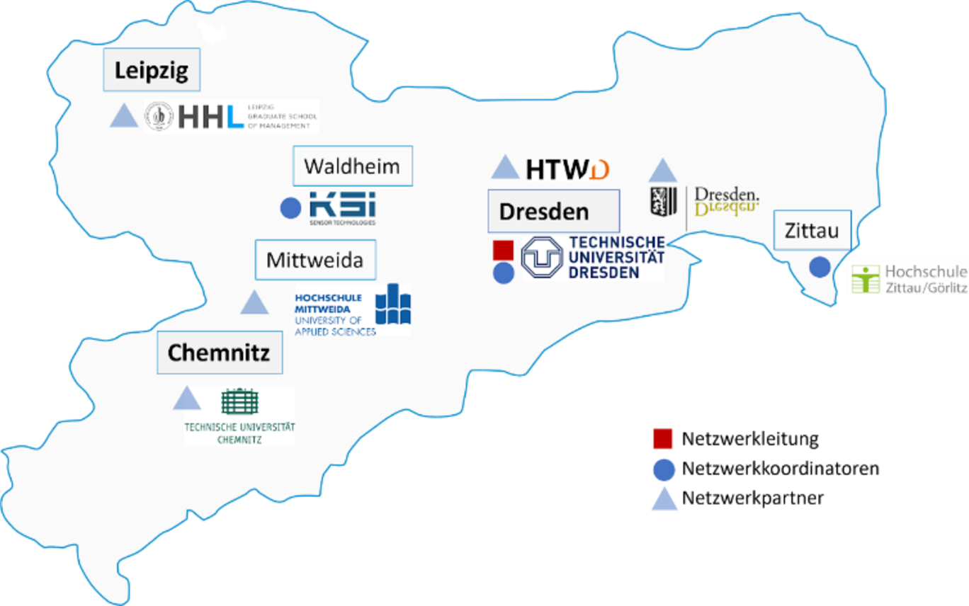 Eine stumme Karte von Sachsen mit verschiedenen je nach Standort zugehörigen Partnerlogos.